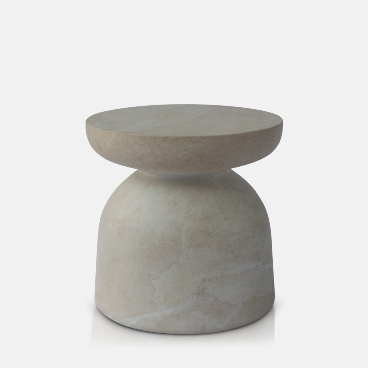 Modern and sculptural, the smooth stone effect Diablo side table in neutral tones, with smooth curved edges & elegant rounded profile perfect as a base to show off a beautiful sculpture or a vase of flowers, perfect for any indoor or outdoor living situation 