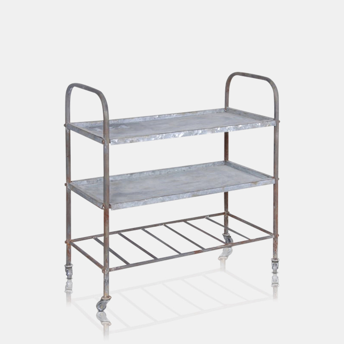 Cutout of the Dolstin Drinks Trolley, a wheeled trolley with 3 iron shelves with an industrial look and a vintage feel.
