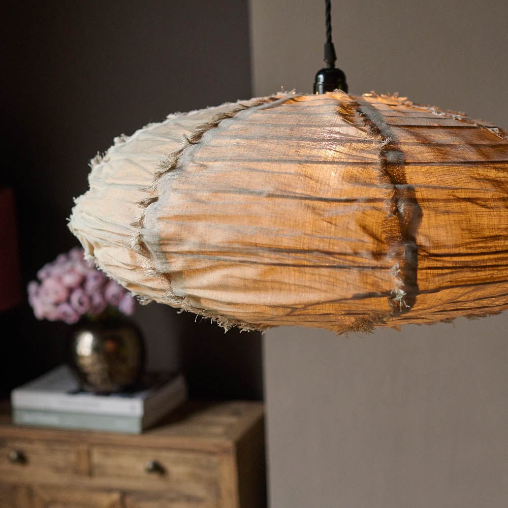 Drongo fabric pendant natural cream linen oval shade modern lighting home decor styled