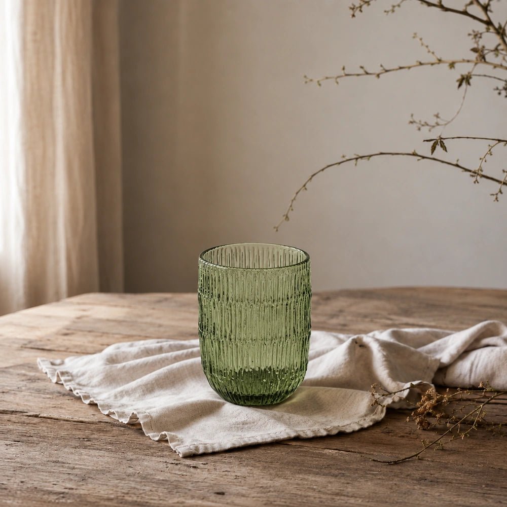 Elden Glass Cup, Green with ribbed translucent texture, shown alone on a pale table beside neutral linen and softly lit natural bedroom styling.