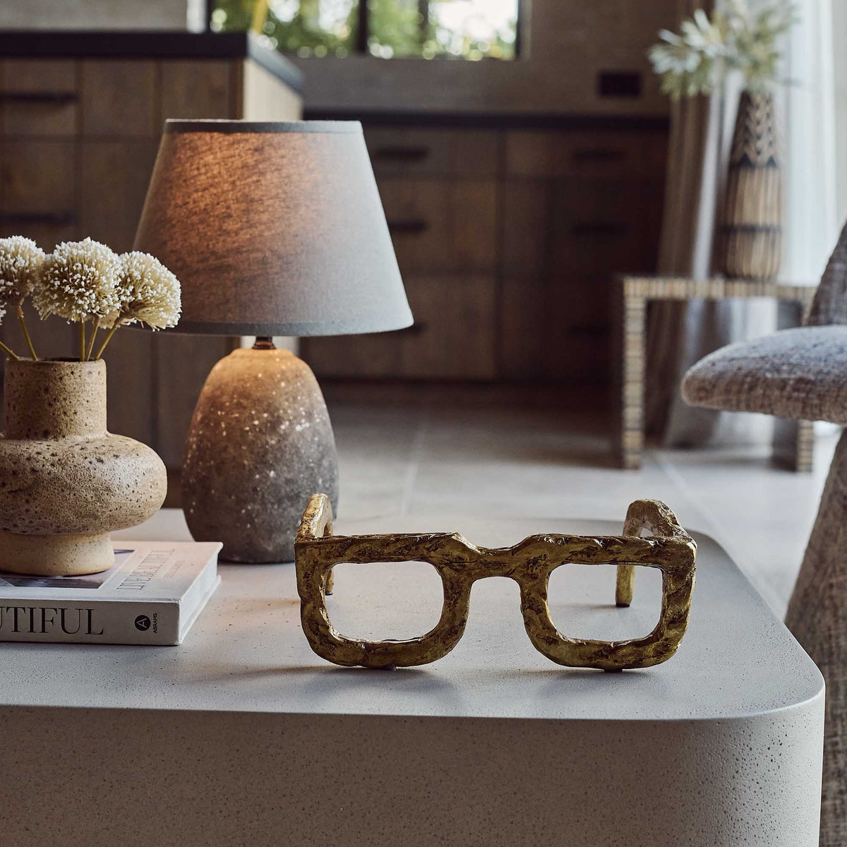 Elton sculpture gold glasses shaped modern abstract home decor statement piece Abigail Ahern