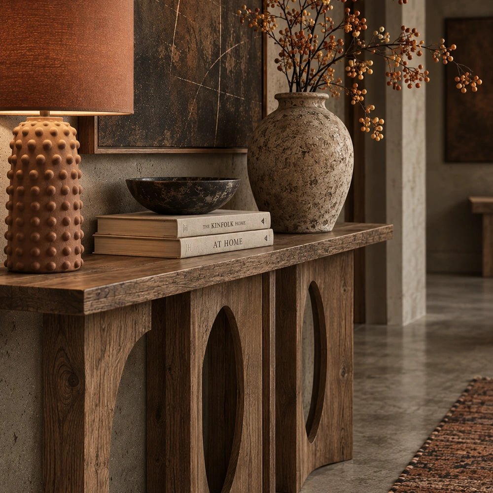 Epping Console Table shown in a detailed hallway crop, highlighting the rustic wood grain, circular cutout base, stacked books, lamp and large ceramic vase.