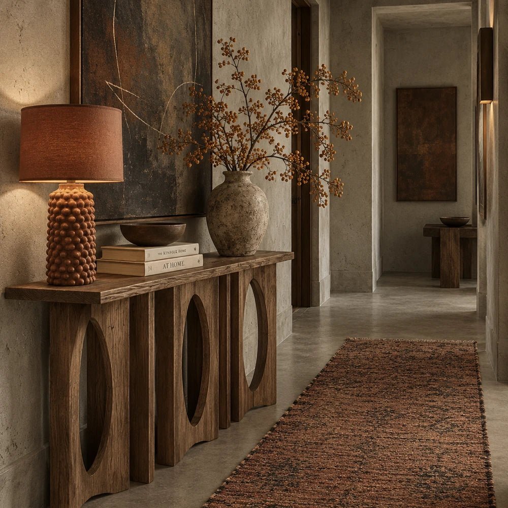 Epping Console Table styled in a warm hallway, showing its rustic wood finish, circular cutout base, table lamp, stacked books, vase and runner rug.