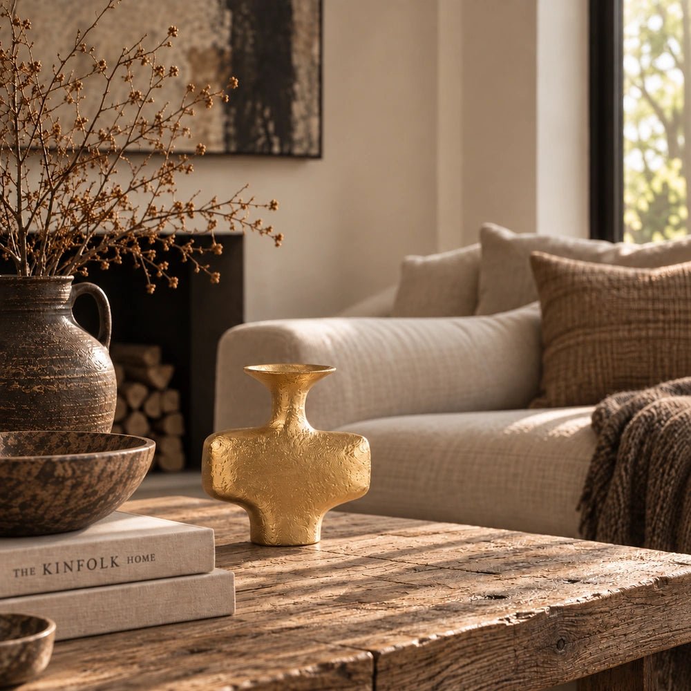 Everley Metal Vase in textured gold finish styled on a rustic wooden coffee table beside neutral books, decorative bowls and a cream sofa.