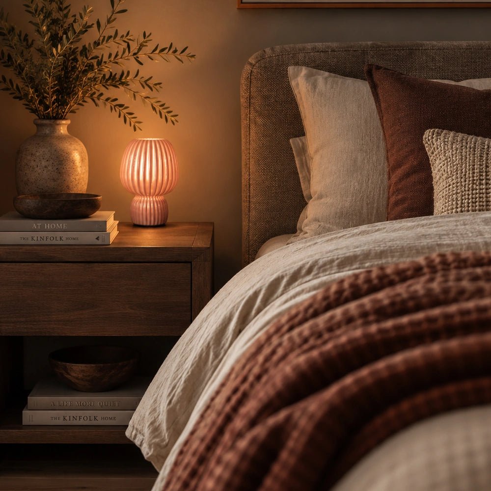 Pink Finley portable table lamp glowing on a wooden bedside table, styled beside a layered bed with books, a ceramic vase and leafy branches.
