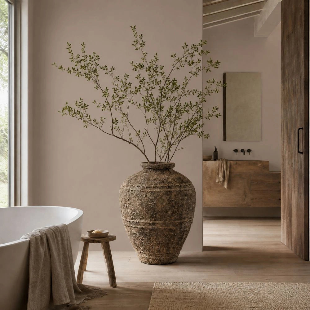 Finn Large Rustic Vase with a rounded textured brown surface and leafy branches, styled on a table beside books in a warm neutral interior.