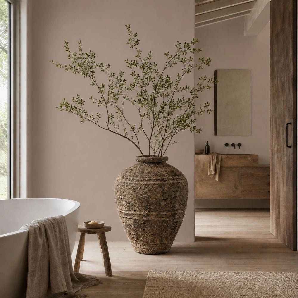 Finn Large Rustic Vase with a rounded textured brown surface and leafy branches, styled on a table beside books in a warm neutral interior.