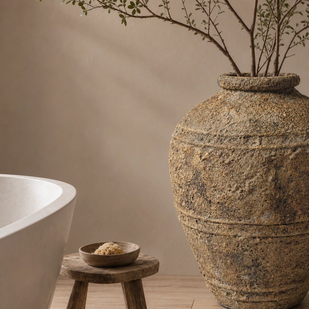 Finn Large Rustic Vase with textured rounded form and tall leafy stems, styled in a room alongside furniture, books and layered decorative accessories.