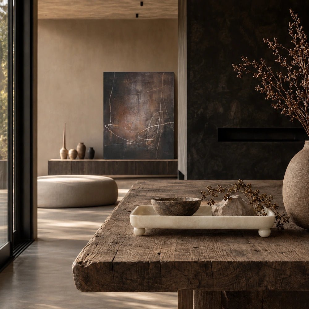 Flicker Canvas Art displayed on a dark wall in a styled room, paired with textured furniture and decorative objects for a layered interior setting.