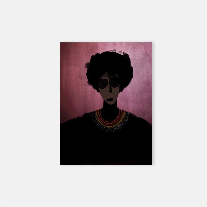 Flora, an abstract female portrait wearing dark glasses, a large beaded necklace and black jumper against a pink background.