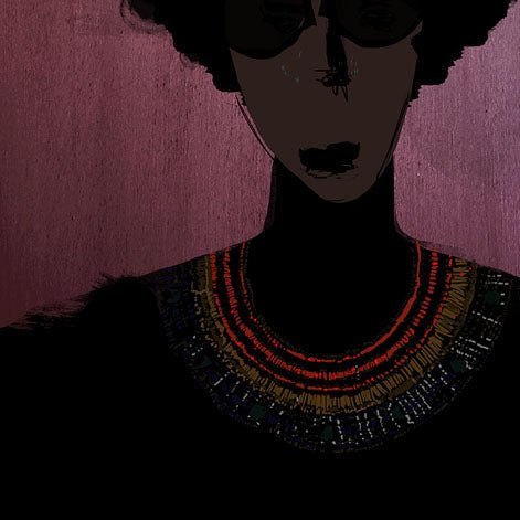 Colourful necklace on the female figure printed on a pink background