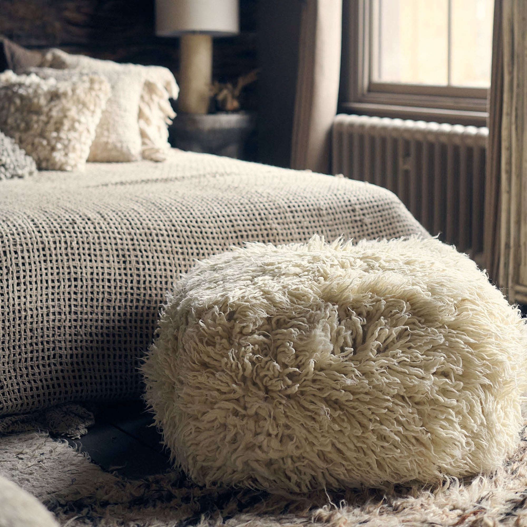 Folsom Cream Pouffe | Shaggy Pouffe | Abigail Ahern