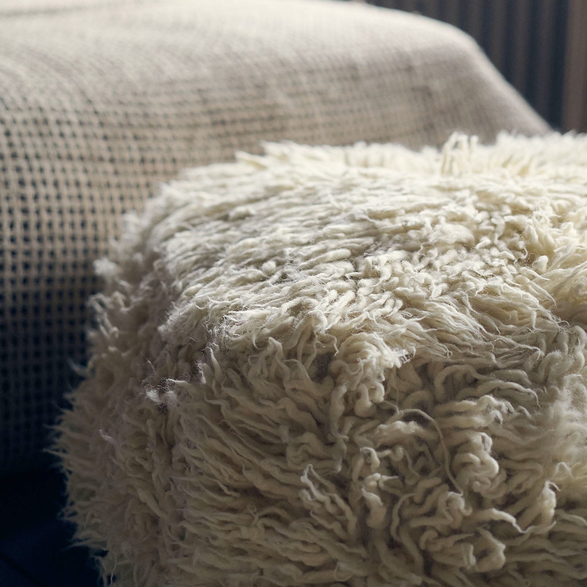 Folsom Cream Pouffe | Shaggy Pouffe | Abigail Ahern