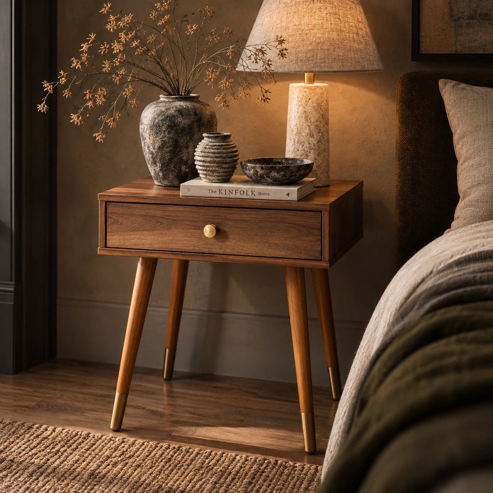 Frida Wood Side Table with single drawer and tapered legs, styled beside a bed with a textured lamp, books and decorative vases in a warm bedroom.