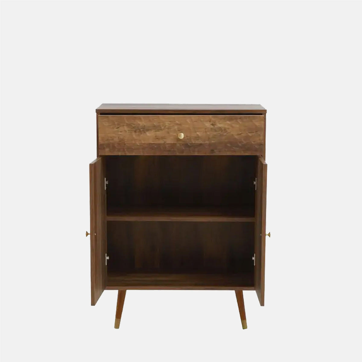 The Frida Wood Storage Cabinet, shown with the doors opened to display the shelf inside.
