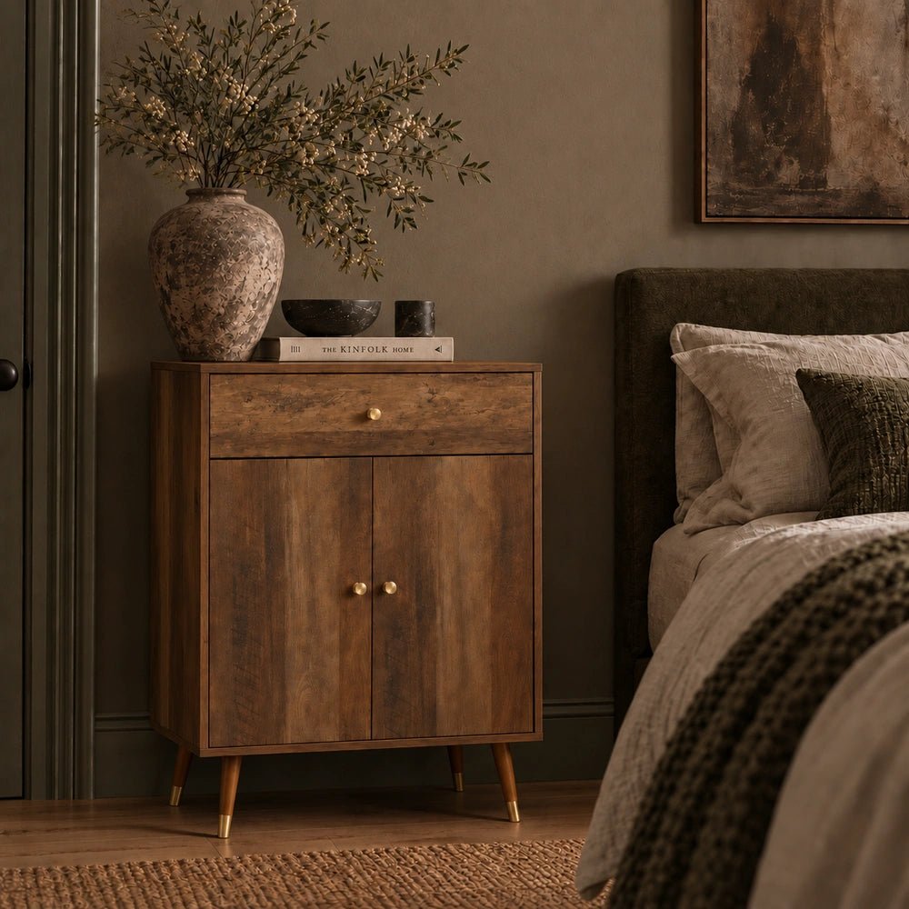 Frida Wood Storage Cabinet with warm timber finish and clean-lined doors, styled in a room with decorative objects, books and textured furnishings.