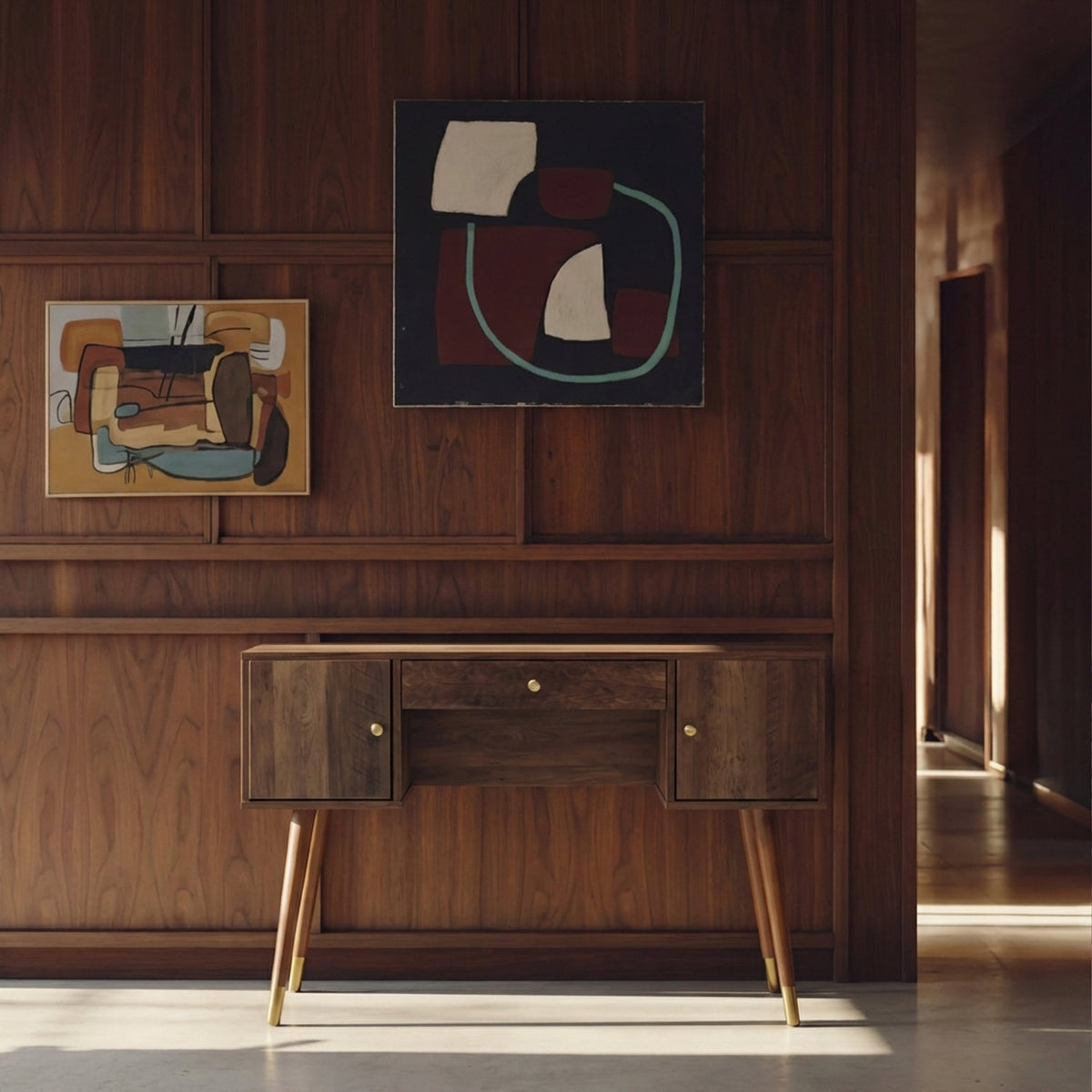 Abigail Ahern Frida Wooden Desk with a warm wood veneer-effect finish, angular wooden legs, central drawer and two concealed storage cupboards, combining traditional charm with a modern silhouette.