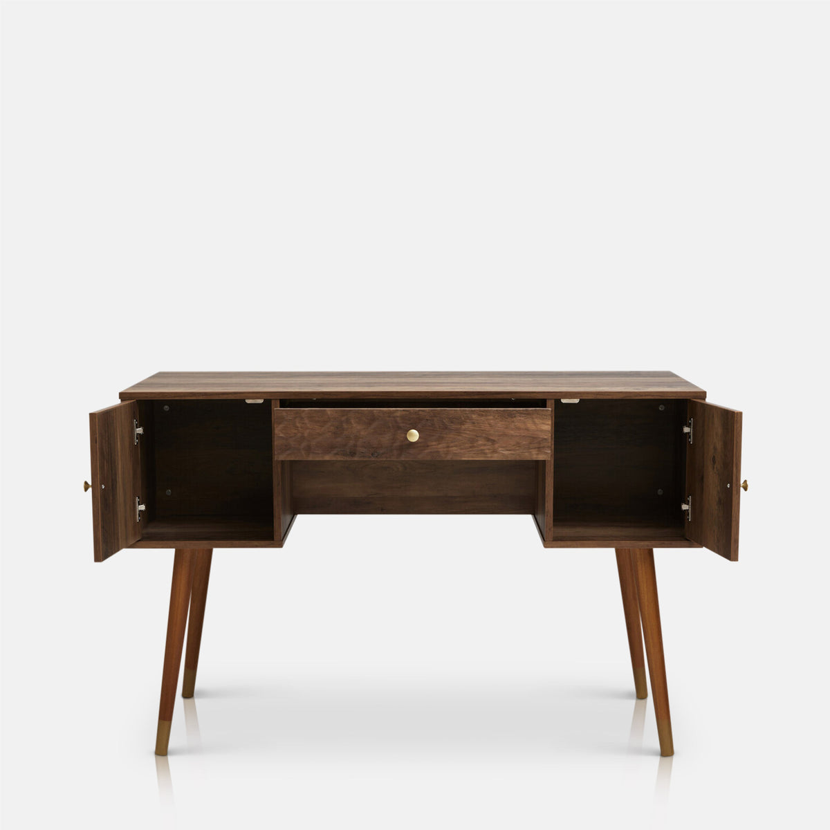 Abigail Ahern Frida Wooden Desk with a central drawer and two storage doors, showcasing its practical concealed storage and warm wood-effect finish for a tidy and stylish home office.
