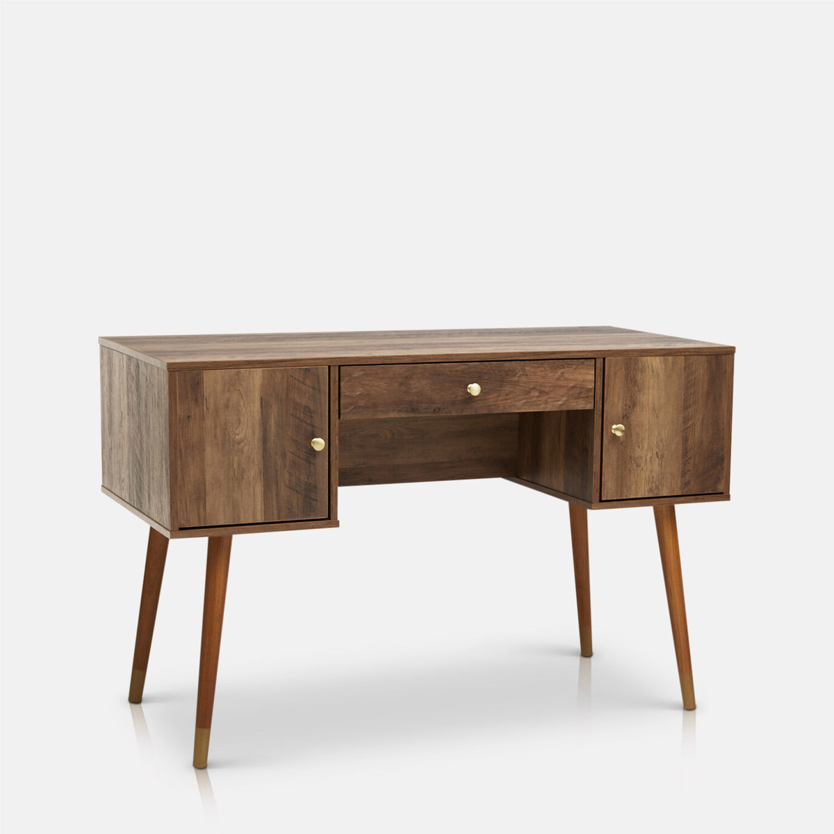 Abigail Ahern Frida Wooden Desk shown from an angled side view, highlighting its slim rectangular profile, warm wood finish, angular legs and practical built-in storage.