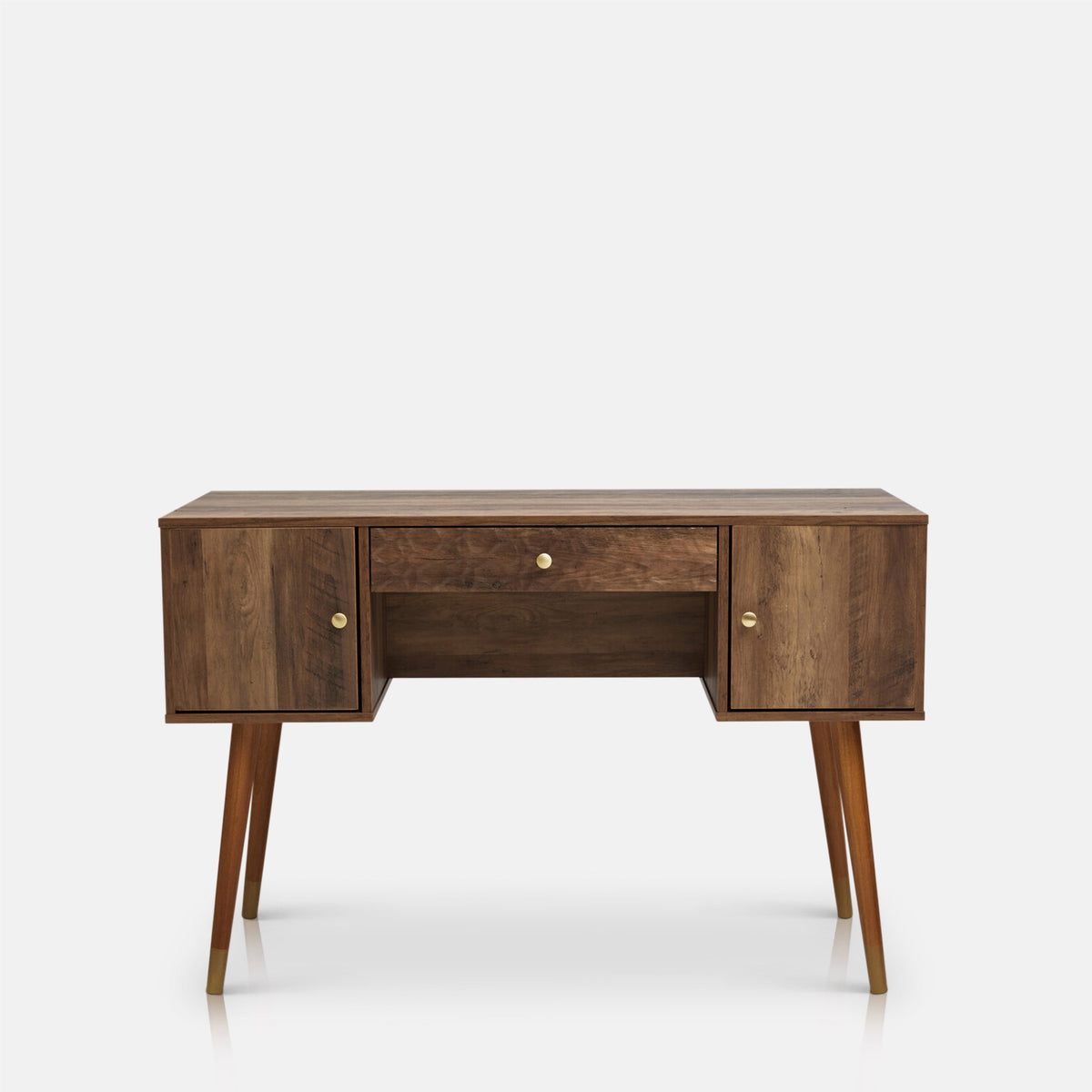 Abigail Ahern Frida Wooden Desk in a warm wood finish, featuring a clean-lined rectangular top, angular legs and built-in storage, styled as a modern home office desk in a contemporary interior.