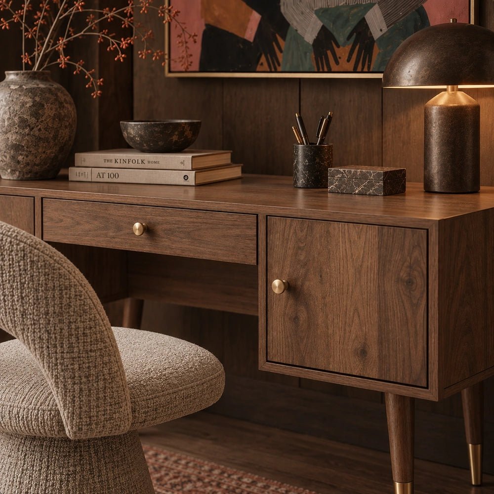 Warm wood Frida desk with drawer and cupboard storage, styled with a dark table lamp, books and textured chair in a sophisticated home office setting.