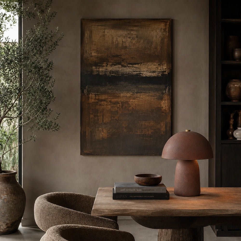 Rust Georgia Table Lamp with rounded base and neutral fabric shade, styled on a side table with books and decorative accessories in a warm interior.