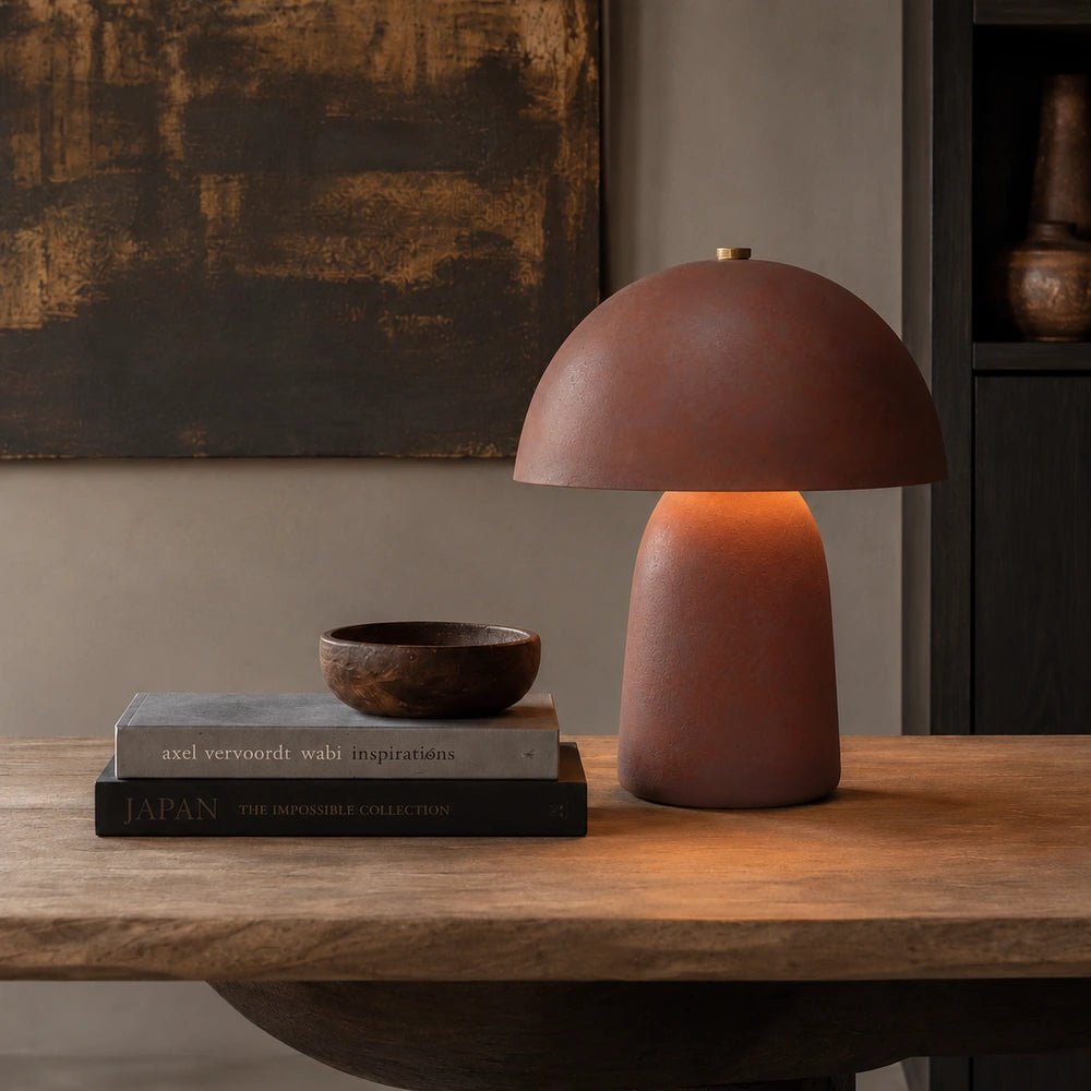 Rust Georgia Table Lamp with rounded base and fabric shade, glowing in a styled room alongside furniture, books and decorative objects in warm tones.