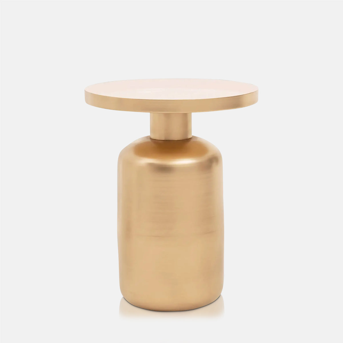 Cutout of Giles Gold Side Table, a round table with a wide cylindrical base in gold effetc and a white enamel tray style top.