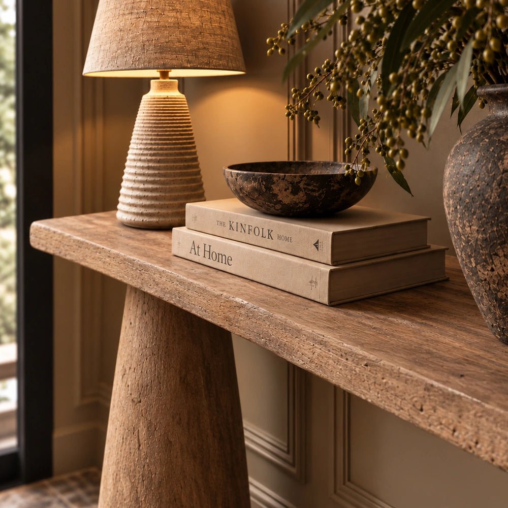 Close view of the natural wood Hermon console table with textured surface, styled with a neutral table lamp, stacked books and decorative bowl.
