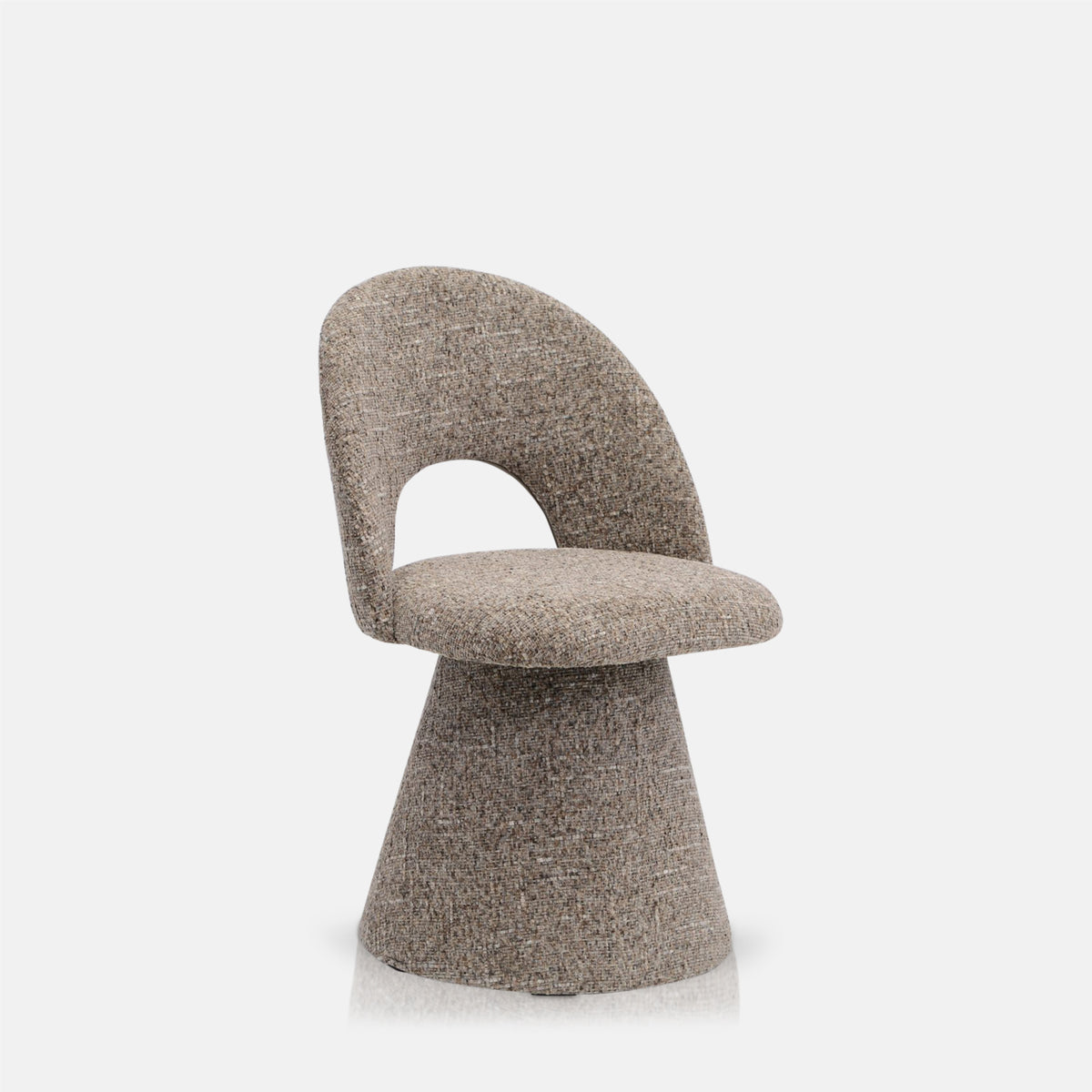 Contemporary upholstered, comfortable dining chair in a textured light brown, grey fabric featuring a sculptural curved silhouette a modern but organic design for stylish dining interiors.