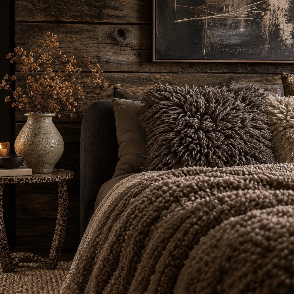 Jensen Textured Cushion in charcoal textured fabric, styled on an upholstered chair with layered neutral furnishings and warm contemporary interior details.