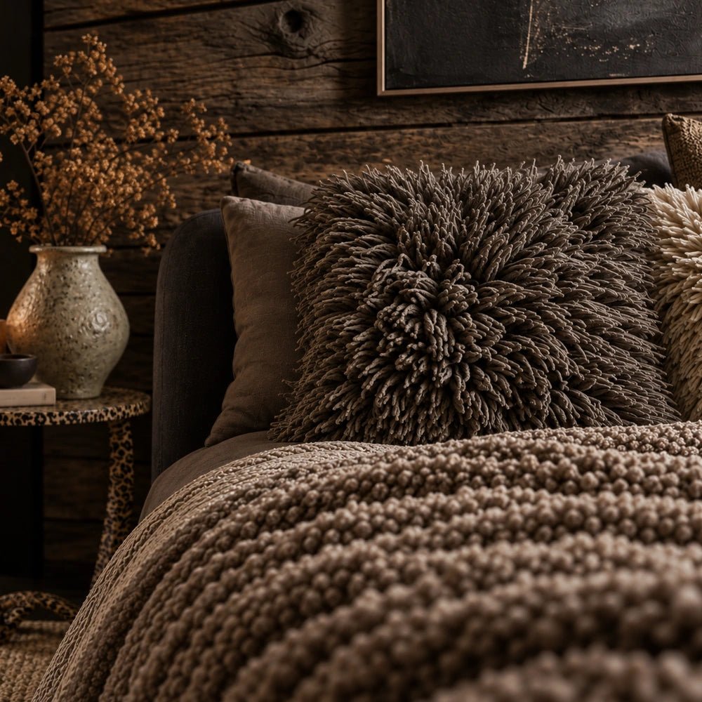 Jensen Textured Cushion in charcoal tactile fabric, styled on a neutral sofa with layered cushions and warm contemporary living room accessories.