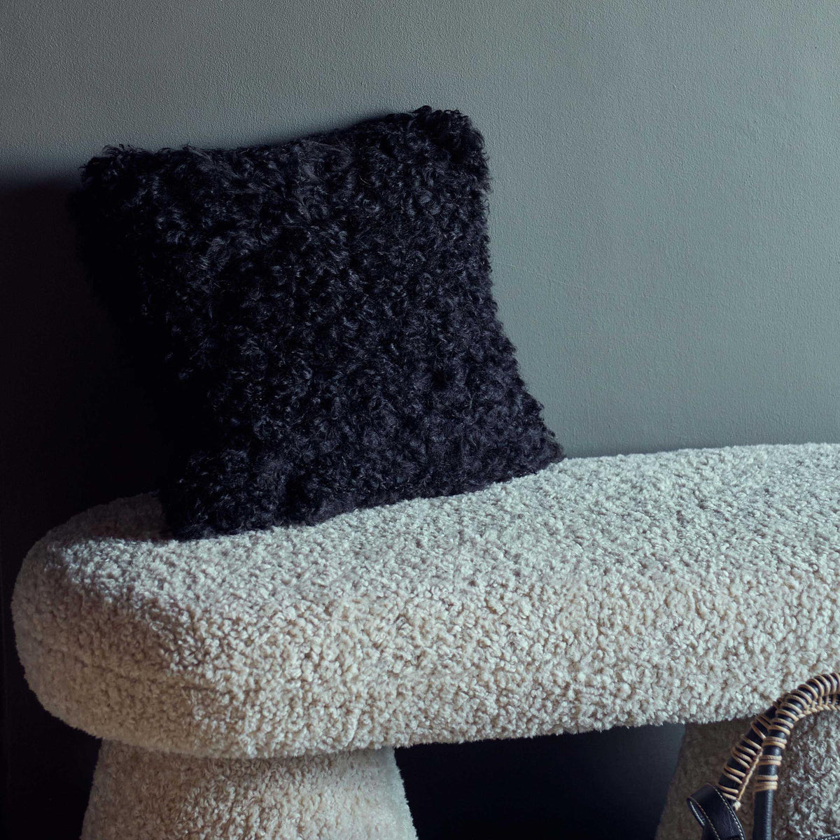 Kaber sheepskin cushion black shaggy faux fur square luxury home decor Abigail Ahern