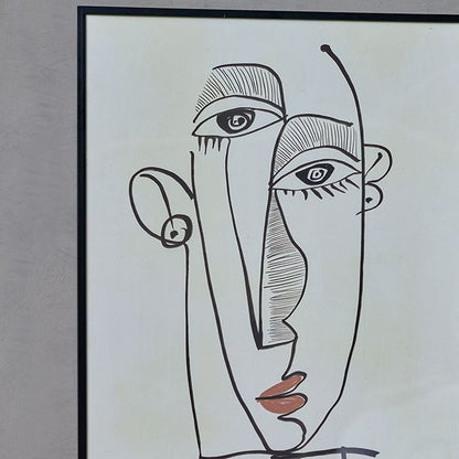 Black line drawing of an abstract face with red lips and a cream background