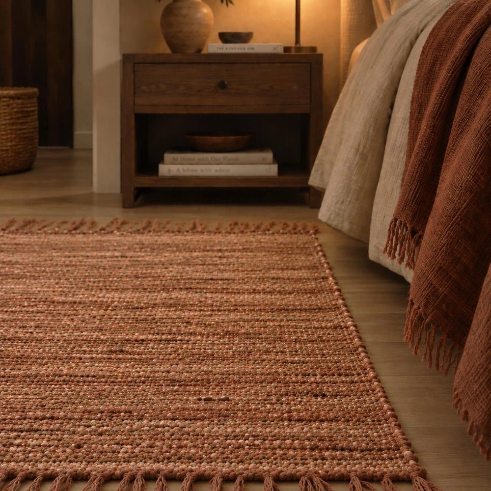 Kenzie Leather Rug in rich brown leather with patchwork texture, shown in a warm neutral interior with contemporary furniture and layered natural finishes.
