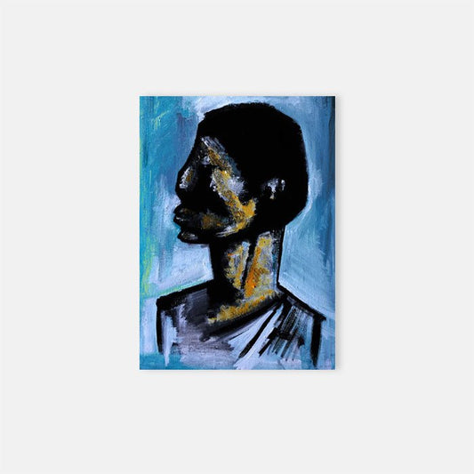 Abstract male head and shoulders painted on a rectangular blue background