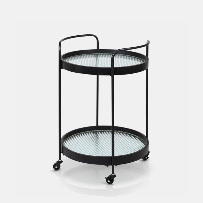 The Levan Drinks Trolley, a 2-tiered trolley with a black iron frame and ridged effect glass with an industrial feel.