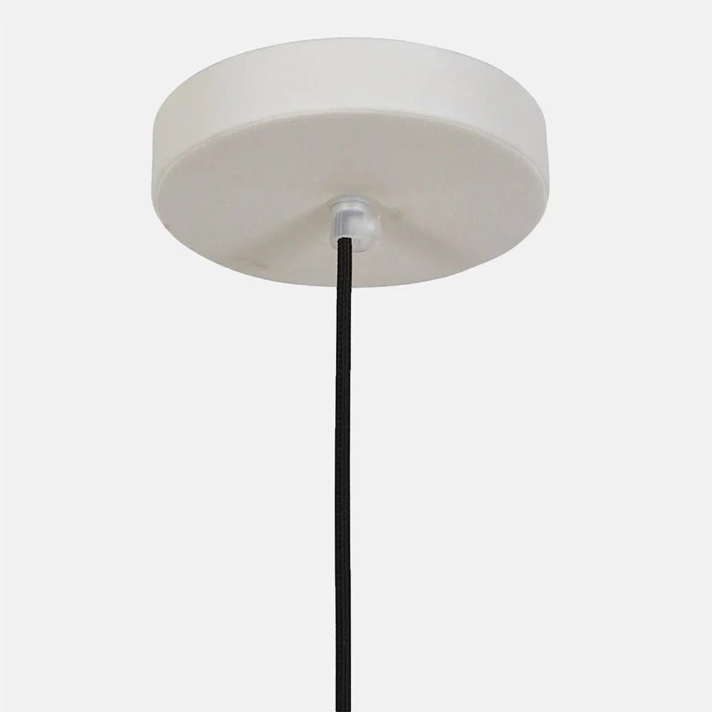 Livington Paper Rope Pendant features a round white ceiling rose and a slim black suspension cable, shown closely to reveal the simple overhead fitting.