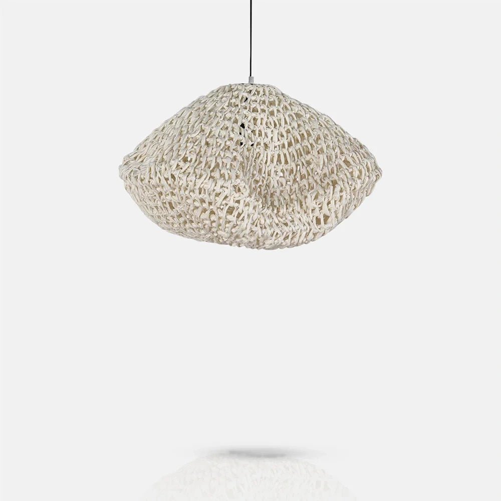 Livington Paper Rope Pendant features a broad cream woven shade with an open looping texture, suspended from a slim dark cable and white ceiling rose.