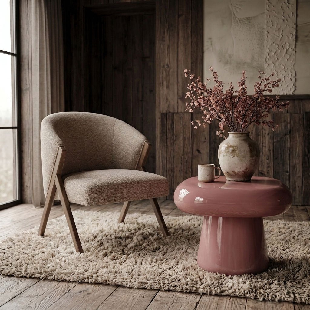 Abigail Ahern Lyndon Dining Chair with a curved sculptural silhouette, plush upholstered seat and solid rubberwood frame, creating an elegant statement around a contemporary dining table or coffee table 