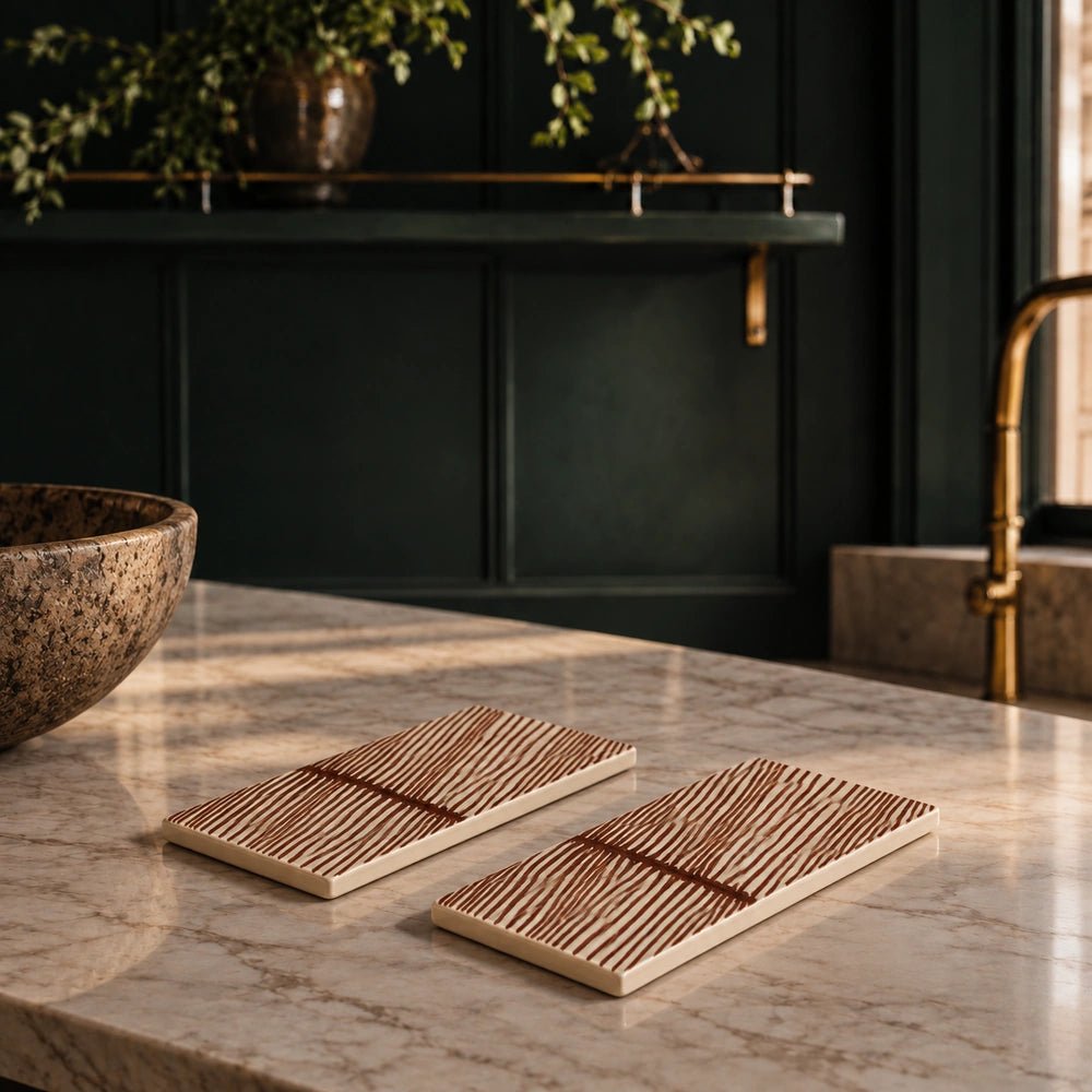 Margaux Ceramic Serving Board - Set of 2 displayed on a pale marble counter, showing rectangular ribbed surfaces beside dark cabinetry and warm decorative foliage.