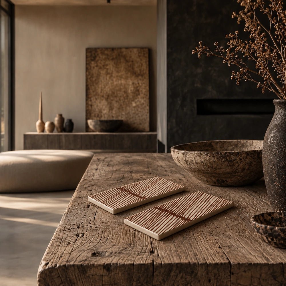 Margaux Ceramic Serving Board - Set of 2 arranged on a rustic wooden table, showing ribbed rectangular surfaces within a warm neutral dining interior.