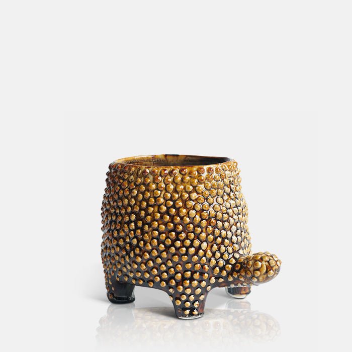 Cutout image on a white background of a brown ceramic tortoise shaped pot with a raised pebble texture.