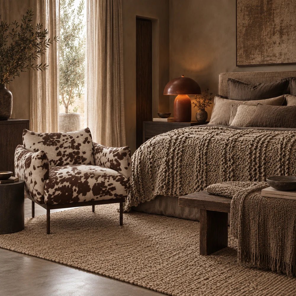 Melvin Armchair styled in a warm bedroom, with brown and cream cowhide-style upholstery, cushioned arms and seat beside a textured bed and wooden bench.