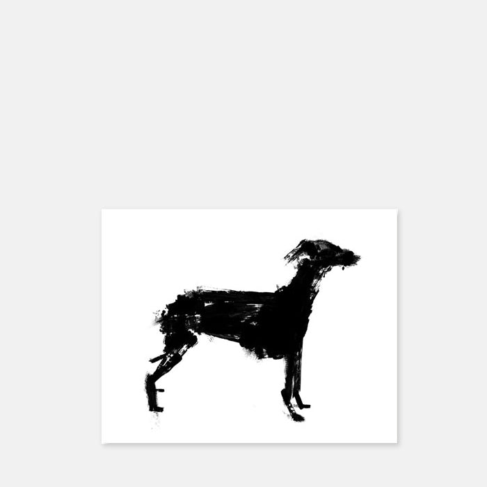 Black and white print of a lurcher dog on white paper