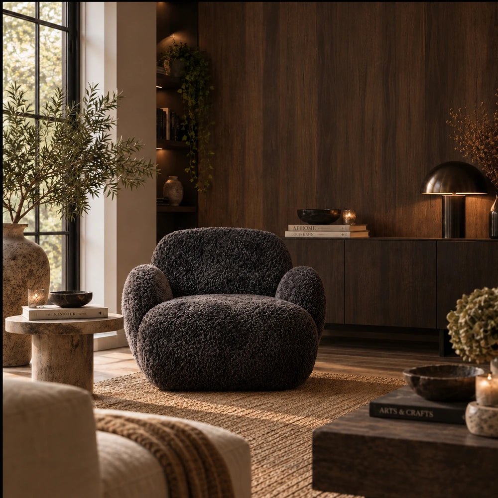 Natasha Faux Shearling Curved Armchair, Charcoal positioned in a warm wood-panelled living room with rounded arms, plush seat and heavily textured upholstery.