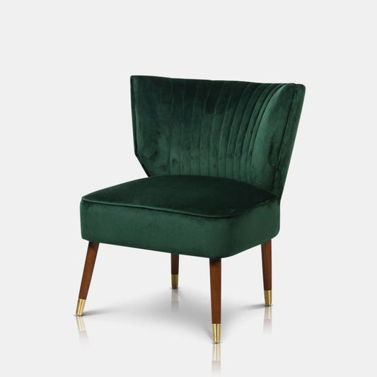 A gorgeous dark teal, velvet accent chair with wooden legs. It has a premium velour fabric and classic stitching along the back. 