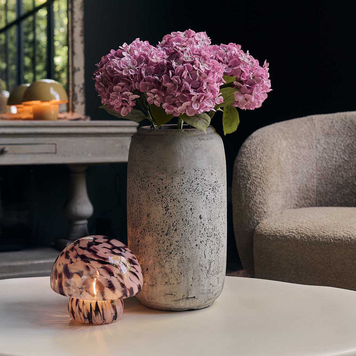 Paloma Portable Table Lamp, Dusk - a glass mushroom lamp with pink and brown speckles.
