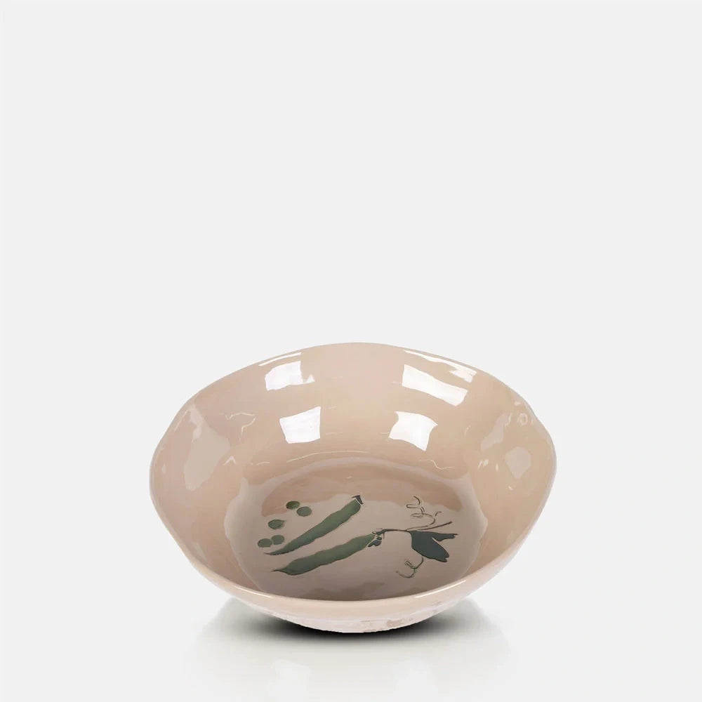 Quincy Ceramic Bowl has a glossy cream interior decorated with green pea pods, framed by a softly rippled rim and shallow rounded sides.