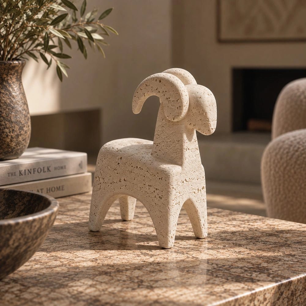 Ram Abstract Sculpture with a pale textured animal form displayed on a tabletop, styled beside stacked books and softly blurred neutral decorative objects.